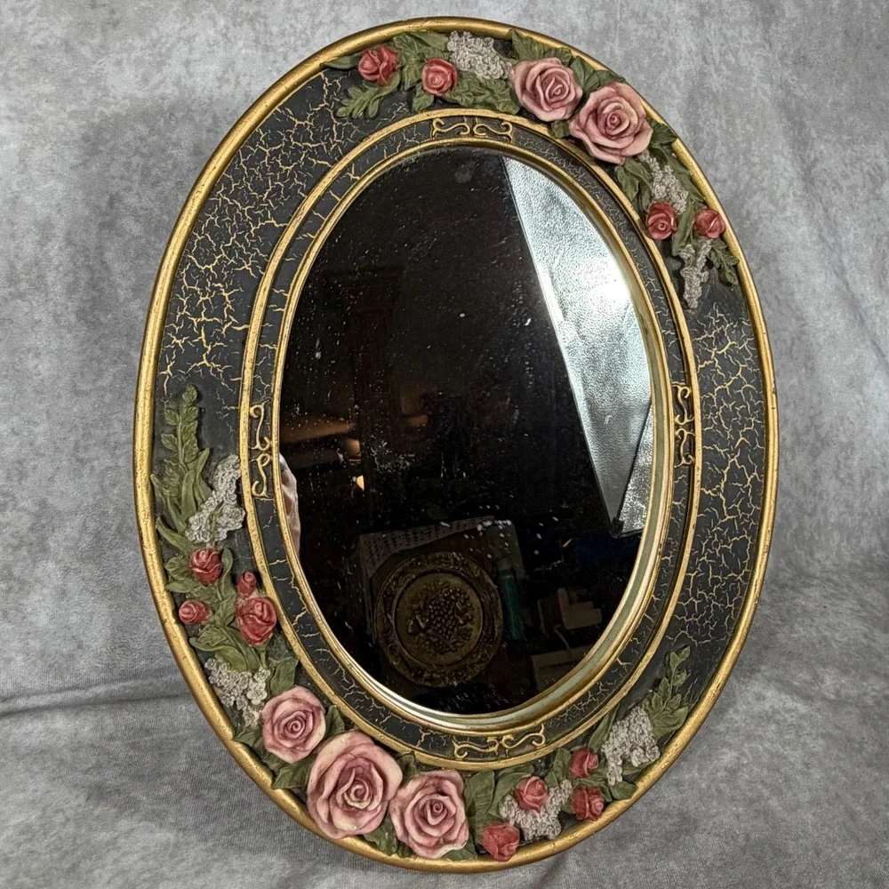 Vtg Ornate Oval Mirror Pink Roses Gold Crackle Frame Cottagecore Shabby Chic